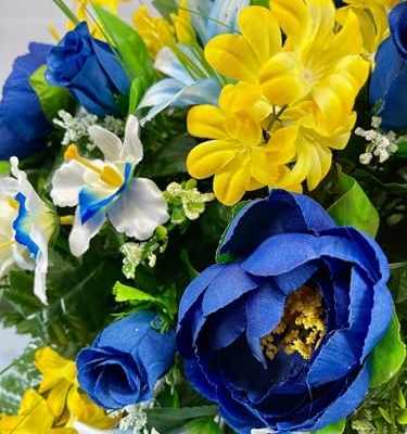 Product: Jucgghk Vivid and Realistic Floral Art 30" Artificial Cemetery Flowers,Realistic Vibrant Flowers, Outdoor Grave Decorations for Headstone(Yellow,Blue)
