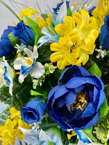 Product: Jucgghk Vivid and Realistic Floral Art 30" Artificial Cemetery Flowers,Realistic Vibrant Flowers, Outdoor Grave Decorations for Headstone(Yellow,Blue)