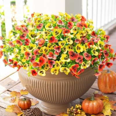 Product: Siganorpy 12 Bundles Artificial Flowers Outdoors Pansy Plants Fake Flowers Decor Eucalyptus Artificial Grass Shrubs Bushes UV Resistant Plastic Flowers Fern for Garden Porch Home (Red+Yellow)