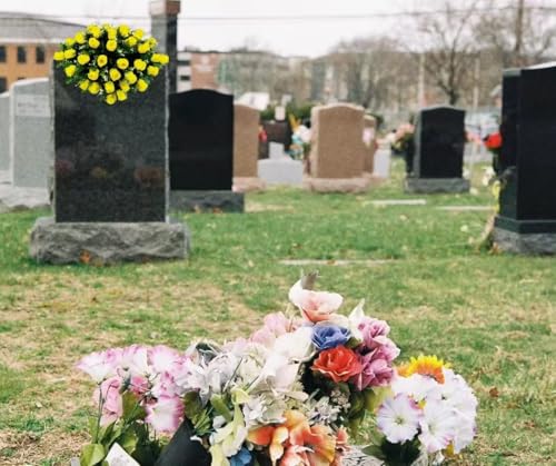 Product: Jucgghk Vivid and Realistic Floral Art 28" Yellow Roses Artificial Flowers, Fake Headstone Saddle, Sympathy Floral Arrangements for Outdoor Gravestone Decorations
