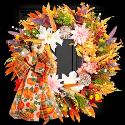 Product: 24" Fall Wreaths for Front Door Outside, Autumn Thanksgiving Harvest Wreath with Pumpkins Dahlias Pinecones & Bow Farmhouse Decoration for Porch Wall Indoor