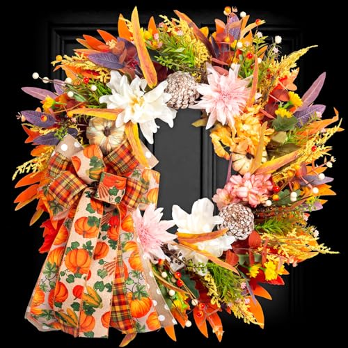 Product: 24" Fall Wreaths for Front Door Outside, Autumn Thanksgiving Harvest Wreath with Pumpkins Dahlias Pinecones & Bow Farmhouse Decoration for Porch Wall Indoor