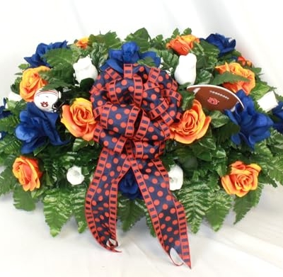 Product: Hshan Blue and Orange Flowers Saddle Arrangements, Beautiful Artificial Cemetery Flowers for Headstone Graves Memorial Day Tombstone