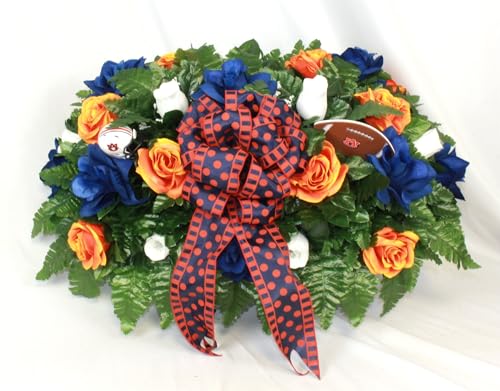 Product: Hshan Blue and Orange Flowers Saddle Arrangements, Beautiful Artificial Cemetery Flowers for Headstone Graves Memorial Day Tombstone