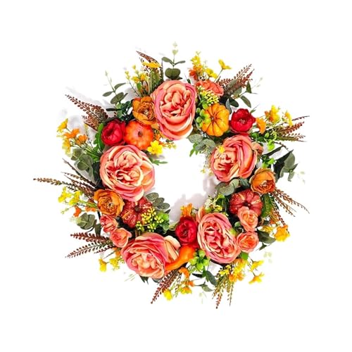 Product: Christmas Wreaths Peony Pumpkin Wreath Decorative Artificial Autumn Garland Festival Theme Front Door Farmhouse Party Decoration Flower Ribbon Decoration