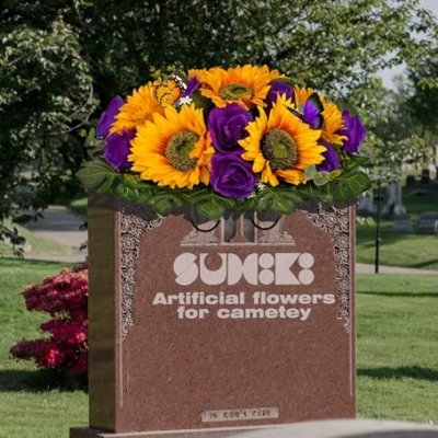 Product: SUHOOKOO Cemetery Flowers for Grave Decor,Silk Sunflower Rose Headstone Flower Saddle, Bright and Colorfast,Purple/Yellow