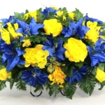 Product: Hshan Blue Lilies and Yellow Roses Cemetery Saddle Flower Arrangement, Elegant Artificial Flowers for Gravesite Cemetery Headstone