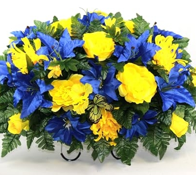 Product: Hshan Blue Lilies and Yellow Roses Cemetery Saddle Flower Arrangement, Elegant Artificial Flowers for Gravesite Cemetery Headstone