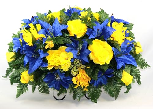 Product: Hshan Blue Lilies and Yellow Roses Cemetery Saddle Flower Arrangement, Elegant Artificial Flowers for Gravesite Cemetery Headstone