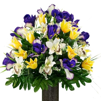 Product: Sympathy Silks Artificial Cemetery Flowers – Realistic Vibrant Tulips, Outdoor Grave Decorations - 1 Yellow Tulips Purple Iris Bouquet