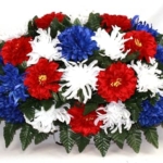 Product: Red, White and Blue Patriotic Handcrafted Cemetery Flower Arrangement, Elegant Silk Cemetery Headstone Saddle for Cemetery Arrangement, Memorial Flowers Outdoor Memorial Decorations ﻿ Gravesite Flower