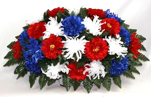 Product: Red, White and Blue Patriotic Handcrafted Cemetery Flower Arrangement, Elegant Silk Cemetery Headstone Saddle for Cemetery Arrangement, Memorial Flowers Outdoor Memorial Decorations ﻿ Gravesite Flower