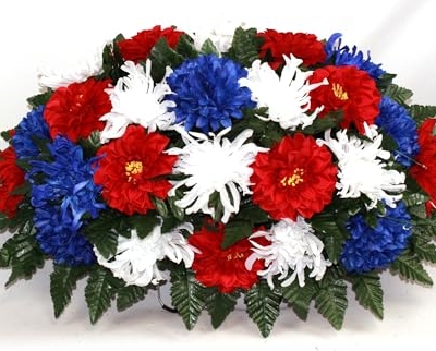 Product: Red, White and Blue Patriotic Handcrafted Cemetery Flower Arrangement, Elegant Silk Cemetery Headstone Saddle for Cemetery Arrangement, Memorial Flowers Outdoor Memorial Decorations Gravesite Flower