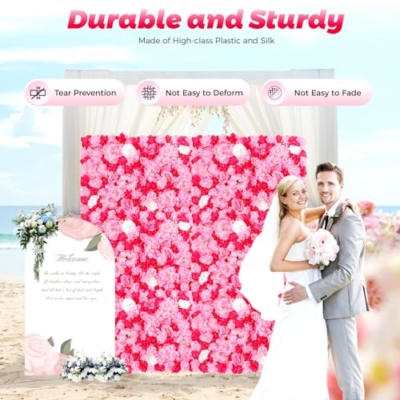 Product: 12-Piece Artificial Flower Wall Panels with Realistic Dahlia Rose Hydrangea, Wall Backdrop, Pink Rose Red Gradient Floral Backdrop for Wedding Birthday Party Decor, Indoor Outdoor Decoration
