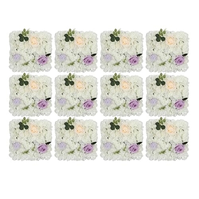 Product: JLYNOWPT 12 Pcs Flowers Wall Backdrop, White Purple Artificial Flower Wall Background 15x15 in 3D Silk Dahlia, Champagne Rose, Chrysanthemum Floral Panel for Wedding Celebrations, Festive Party