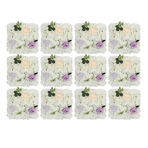 Product: JLYNOWPT 12 Pcs Flowers Wall Backdrop, White Purple Artificial Flower Wall Background 15x15 in 3D Silk Dahlia, Champagne Rose, Chrysanthemum Floral Panel for Wedding Celebrations, Festive Party