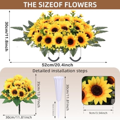 Silky Flower Store Artificial Cemetery Flowers for Grave, Yellow Sunflower Memorial Bouquets, Headstone Saddle Set 3PCS, 32.5cm 8 8 Product: Lodou 3Sets Artificial Cemetery Flowers for Grave,Headstone Flower Saddle Silk Sunflowers Grave Flowers Memorial Flowers Bouquets for Outdoor Gravesite Decoration (Yellow, 3PCS)