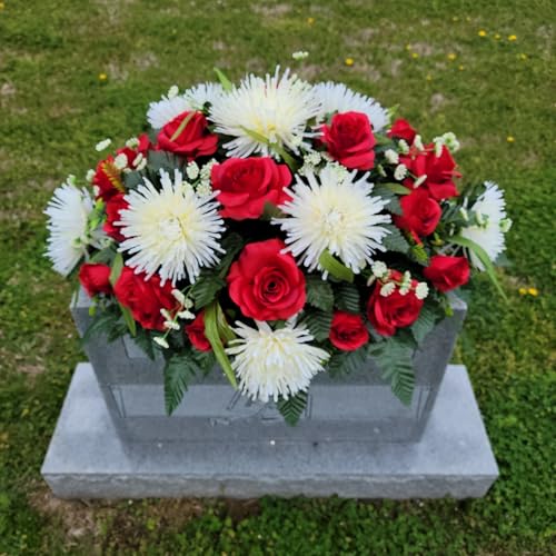 Silky Flower Store Red Roses Headstone Saddle, Cream Mum Grave Flowers, Cemetery Memorial Decoration, 34in x 14in 2 2 Product: Red Roses Headstone Saddle, Cream Mum Grave Flowers for Cemetery Funeral and Memorial Decorations Garland for Table Centerpiece Holiday Party Weddi
