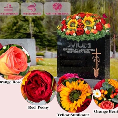 Product: MUVIC Artificial Cemetery Flowers for Outdoor Grave Decorations - Sympathy Headstone Flower Saddle - Realistic Sunflower Rose