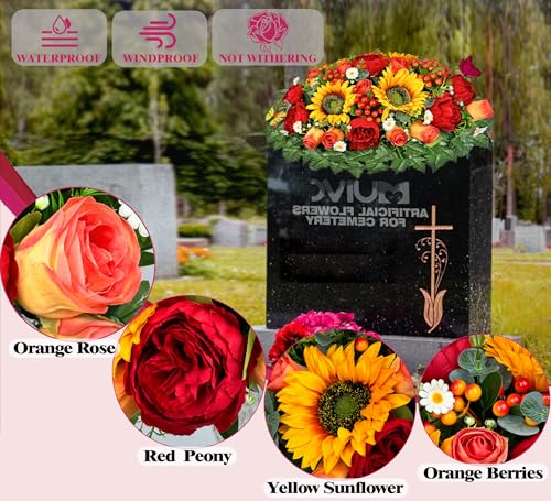 Product: MUVIC Artificial Cemetery Flowers for Outdoor Grave Decorations - Sympathy Headstone Flower Saddle - Realistic Sunflower Rose