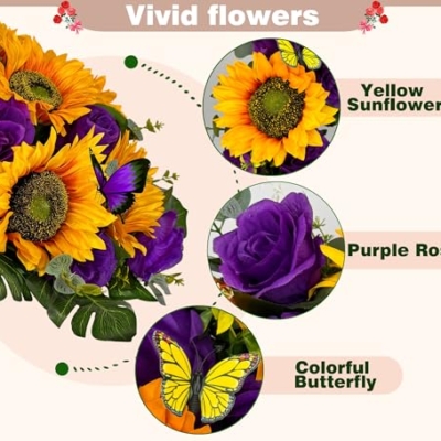 Product: SUHOOKOO Cemetery Flowers for Grave Decor,Silk Sunflower Rose Headstone Flower Saddle, Bright and Colorfast,Purple/Yellow