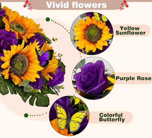 Product: SUHOOKOO Cemetery Flowers for Grave Decor,Silk Sunflower Rose Headstone Flower Saddle, Bright and Colorfast,Purple/Yellow