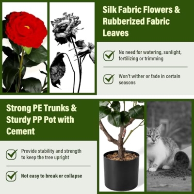 Silky Flower Store Artificial Camellia Fake Tree, 2PCS Indoor Outdoor Decorative Silk Floral Tree, 3.8FT 11 11 Product: Artificial Camellia Fake Tree 3.8FT, 2PCS Artificial Plants and Flowers for Front Door Decoration, Porch Patio Living Room Office and Indoor Outdoor Decoration