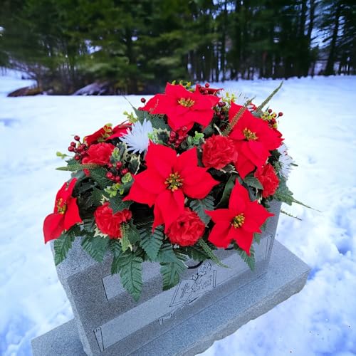 Product: Red and White Headstone Saddle, Poinsettia Grave Flowers for Perfect Winter Memorial Decoration Garland for Table Centerpiece Holiday Party Weddi