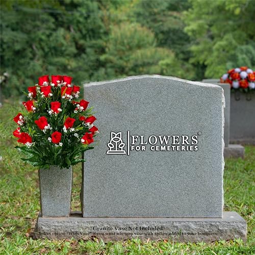 Product: Sympathy Silks Artificial Cemetery Flowers - Mothers Day Memorial Flowers - Outdoor Grave Flower Decorations - 30 Stems Ruby Red Roses