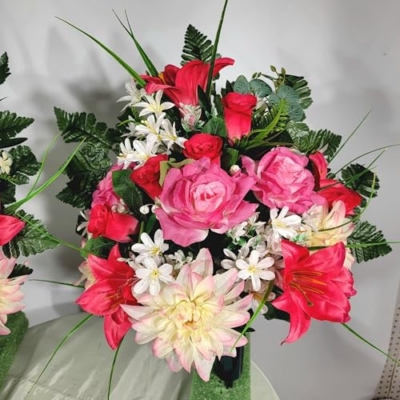 Product: Two-Tone Pink Dahlia, Rose and Trumpet Lily Headstone Saddle for Cemetery Cone Funeral Garland for Table Centerpiece Holiday Party Weddi