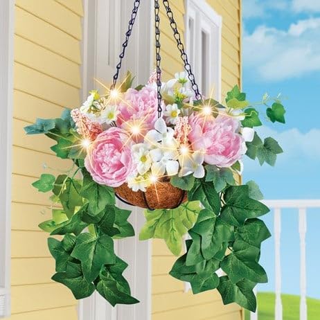 Silky Flower Store LED Lighted Pink Peony Ivy Artificial Hanging Basket, Faux Floral Decor, Low Maintenance Home Accent, 32.5cm 1 1 Product: A-3ONE3 LED Lighted Pink Peony & Ivy Artificial Flower Hanging Basket