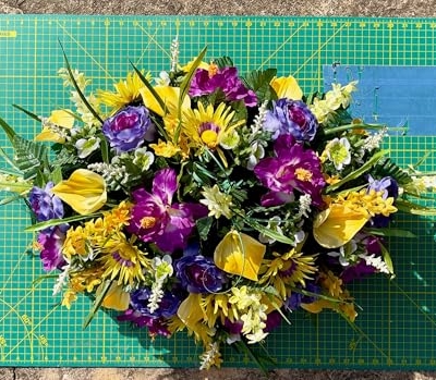 Product: Jucgghk Vivid and Realistic Floral Art 36" Yellow and Purple Cemetery Saddle, Headstone Saddle Arrangement for Outdoor Gravestone Decorations