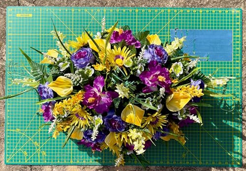 Product: Jucgghk Vivid and Realistic Floral Art 36" Yellow and Purple Cemetery Saddle, Headstone Saddle Arrangement for Outdoor Gravestone Decorations