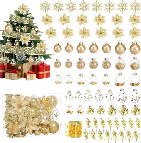 Product: Christmas Tree Ornaments Set, Assorted Big Bling-Bling Hanging Decorations Bulk w/Plastic Glitter Snowflakes, Artificial Poinsettia Flower, Berry Stems for Holiday Indoor Home Wedding Party Decor