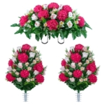 Product: Jucgghk Vivid and Realistic Floral Art Beauty Pink Mums and Light Pink Rose Buds Cemetery Flower Set,1 Saddle and 2 Bouquets Mothers Day Cemetery Flowers for Grave，Headstone Saddle(NO VASE)