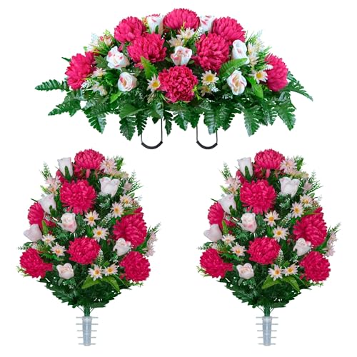 Product: Jucgghk Vivid and Realistic Floral Art Beauty Pink Mums and Light Pink Rose Buds Cemetery Flower Set,1 Saddle and 2 Bouquets Mothers Day Cemetery Flowers for Grave，Headstone Saddle(NO VASE)
