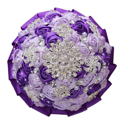Product: CarpeCoras Wedding Bridal Bouquet Silk Rose Handmade Artificial Flower Bunch Bouquets for Bride Bridesmaid Holding Toss Round Sparkling Rhinestone Purple & Lavender 7.5inch