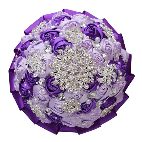 CarpeCoras Wedding Bridal Bouquet Silk Rose Handmade Artificial Flower Bunch Bouquets for Bride Bridesmaid Holding Toss Round Sparkling Rhinestone Purple & Lavender 7.5inch - Artificial Flower Arrangements Product: CarpeCoras Wedding Bridal Bouquet Silk Rose Handmade Artificial Flower Bunch Bouquets for Bride Bridesmaid Holding Toss Round Sparkling Rhinestone Purple & Lavender 7.5inch