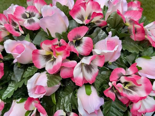 Product: Jucgghk Vivid and Realistic Floral Art 30" Pink Cemetery Saddle, Autumn Cemetery Saddle, Fall Headstone Saddle Flowers for Outdoor Grave Decorations