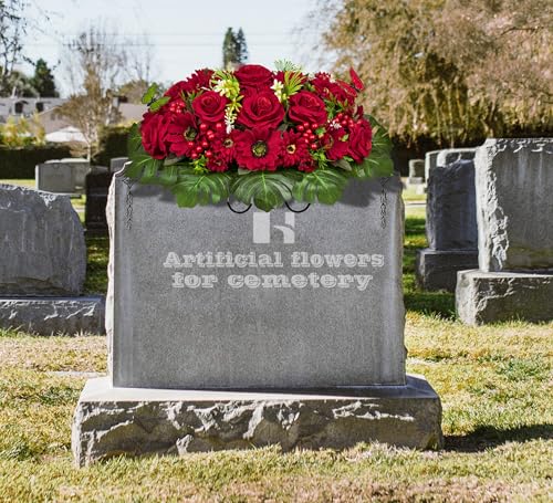 Product: HENOMO Velvet Cemetery Flower Saddle for Grave Decorations,Headstone Flower Saddle-Red Rose Mum and Berry-Non-Bleed Colors