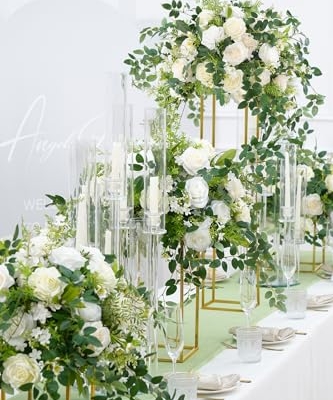 Silky Flower Store White Green Hanging Flower Vine Wedding Centerpiece, Artificial Floral Arrangement Bouquet, 19inch 13 13 Product: Angela flower 2pcs 19inch White & Green Hanging Plants Vine Wedding Table Centerpieces Decorations, Floral Arrangement Bouquet for Reception Aisle Ceremony Party Flowers Balls (Without Stand)