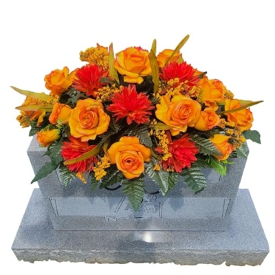 Product: Beautiful Elegant Orange, 2-Tone Rose and Mum Headstone Saddle for Cemetery Saddle Garland for Table Centerpiece Holiday Party Weddi