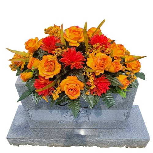 Product: Beautiful Elegant Orange, 2-Tone Rose and Mum Headstone Saddle for Cemetery Saddle Garland for Table Centerpiece Holiday Party Weddi