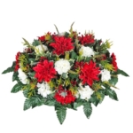 Product: Red and White Dahlia Headstone Saddle, Hydrangea and Carnations Grave Flowers for Decorations Cemetery Garland for Table Centerpiece Holiday Party Weddi