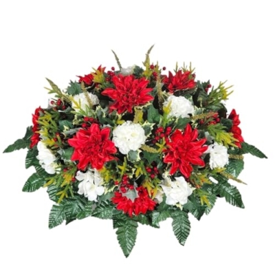 Product: Red and White Dahlia Headstone Saddle, Hydrangea and Carnations Grave Flowers for Decorations Cemetery Garland for Table Centerpiece Holiday Party Weddi