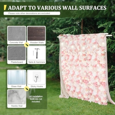 Product: 12-Piece Artificial Flower Wall Panels, 3D Silk Dahlias, Roses & Hydrangeas, 24x16 Inch Floral Wall Backdrop, Wedding, Party, Home, Photo Background, Fall Decor, Wall Flowers, Rose Wall Decor, Pink