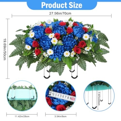 Product: MHMJON Artificial Cemetery Flowers Saddles Outdoor Grave Decoration, Realistic Vibrant Fake Mums with Silk Red Rose Floral Arrangement Saddle for Headstone Grave Tombstone Autumn Christmas Decor