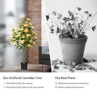 Product: Hylmiip Artificial Camellia Tree 2 Pack, Artificial Plants Outdoor Faux Floral Plant in Cement Pot Fake Silk Camellia Tree Plants for Home House Living Room Office Decor (Yellow, 4 FT)