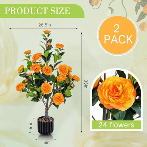 Product: Artificial Camellia Tree 2 Pack, 36" Faux Camellia Plant in Pot with Orange Flowers, Greenery Potted Plant for Indoor Outdoor Office Home Porch Decor, Orange (Back to School)