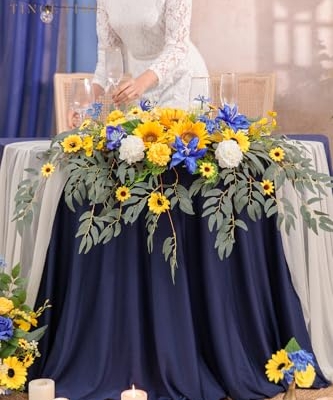 Product: TINGE TIME Artificial Sweetheart Flower Swag with Tablecloth and Table Runner, Pack of 3 Floral Arrangement for Wedding Sweetheart Table Centerpiece Decoration Valentine's Day (Sunflower&RoyalBlue)
